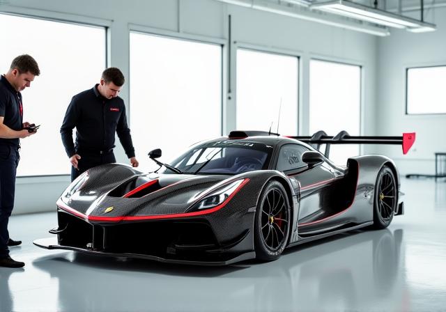 Inspection d'une GT de compétition dans un atelier ultra-moderne